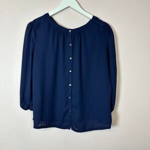 NEW YORK & CO Navy Bitton 3/4 Sleeve Blouse, Size Large